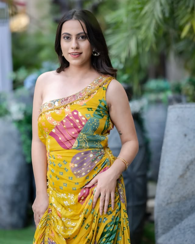 Mustard One-Shoulder Indo-Western Draped Gown