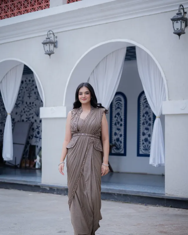 Brown Pre-Draped Saree